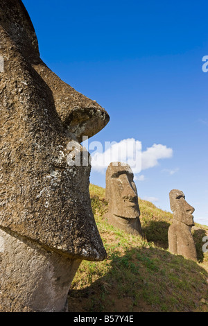 Statues Moai de pierre monolithique géant à Rano Raraku, île de Pâques (Rapa nui), UNESCO World Heritage Site, Chili, Amérique du Sud Banque D'Images