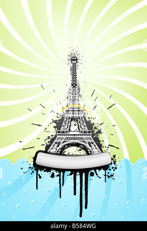 Vector illustration de la Tour Eiffel à Paris avec de l'encre splatter grunge style explosions de bulles et la mer ciel en spirale Banque D'Images