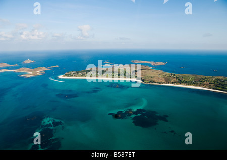 Vue aérienne de Saint Martins, Îles Scilly, au large de Cornwall, Royaume-Uni, Europe Banque D'Images