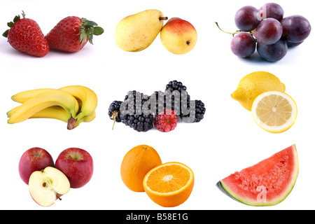 Poster de neuf différents fruits isolated on white Banque D'Images