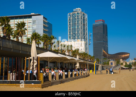 Les repas en plein air dans un restaurant à Platja de la Barceloneta Beach à Barcelone Espagne Europe Banque D'Images