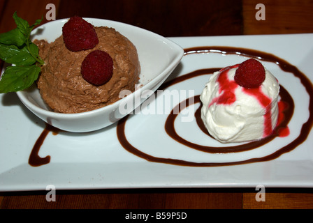 Gelato au chocolat avec des framboises et de la crème fouettée Banque D'Images