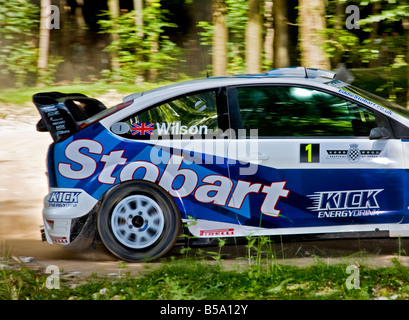 2007 Stobart Ford Focus WRC retour fin avec chauffeur Matthew Wilson sur la scène de la forêt à Goodwood Festival of Speed, Sussex, UK. Banque D'Images