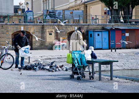 Les gens se nourrir les pigeons au Port de Neuchâtel. Banque D'Images