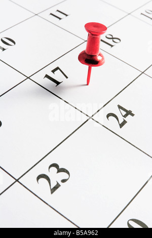 Punaise rouge sur le calendrier Banque D'Images