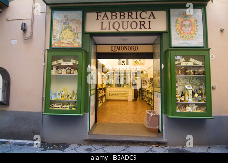 Magasin qui vend le Limoncello, liqueur d'agrumes locaux, la station balnéaire de Sorrente, près de Naples, Campanie, Italie, Europe Banque D'Images