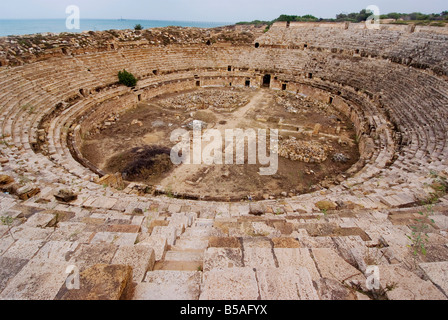 Amphithéâtre, vestiges romains, Leptis Magna, Site du patrimoine mondial de l'UNESCO, la Libye, l'Afrique du Nord, Afrique Banque D'Images