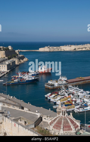 Vue sur le Grand Port avec bateaux de pêche pris de Barracca Gardens, La Valette, Malte, Méditerranée, Europe Banque D'Images