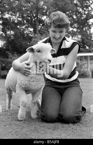 Femme l'alimentation et le toilettage Larry l'agneau. Juin 1980 Banque D'Images