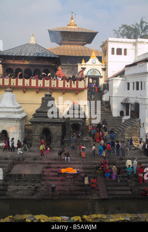 Cérémonie de la crémation sur les rives de la rivière Bagmati au cours du festival de Shivaratri, temple de Pashupatinath, Katmandou, Népal Banque D'Images