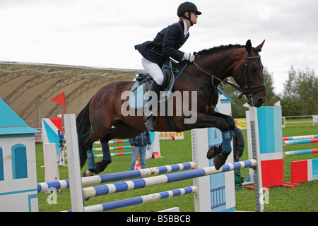 Jeune dame-cavalier sautant sur le dos d'un cheval allemand Banque D'Images