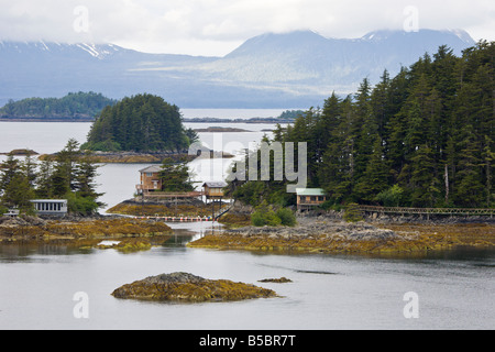 Maisons sur l'île privée de l'île Rocky dans la Manche orientale près de Sitka, Alaska Banque D'Images