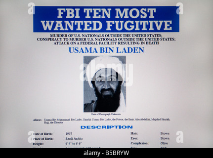 La plupart des site web du FBI fugitif d' Oussama Ben Laden Banque D'Images