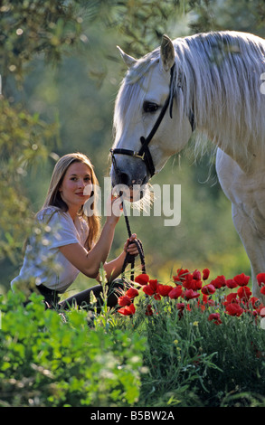 Cheval andalou (Equus caballus). Jeune femme agenouillée à côté du cheval blanc Banque D'Images