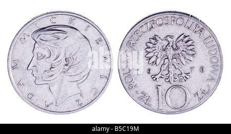 Polish 10zl Pièce de 1976. Chef de Adam Mickiewicz (poète romantique, journaliste, activiste politique ; 1798-1855) Banque D'Images