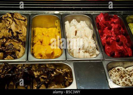 Baignoires en acier inoxydable de la fantaisie dans la crème glacée gelatos congélateur vitrine Banque D'Images