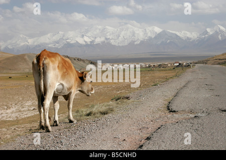 Sary Tash, ville frontière, Pamir couverte de neige, le Kirghizistan, l'Asie centrale Banque D'Images