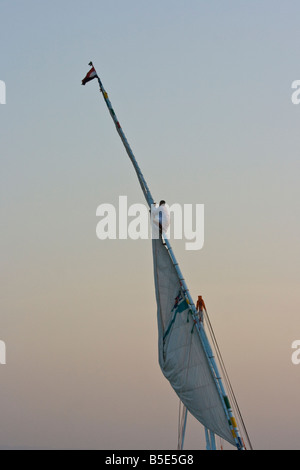 L'abaissement de la voile sur un voilier felouque sur le Nil à Louxor Egypte Banque D'Images