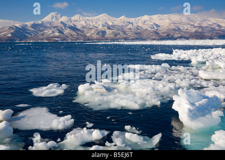 Hokkaido Japon : plaques de glace dans le détroit de Nemuro avec les montagnes couvertes de neige de la Péninsule de Shiretoko dans la distance Banque D'Images