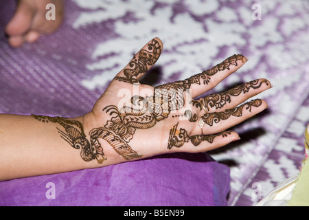 Tatouage au henné mehendi sur la main d'une femme indienne Banque D'Images
