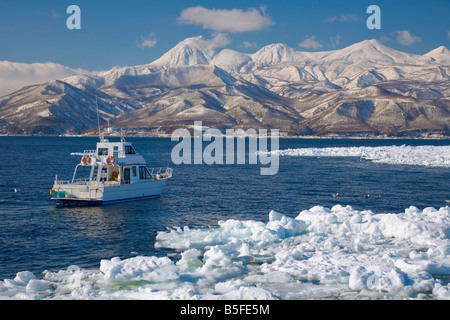 Hokkaido Japon : plaques de glace dans le détroit de Nemuro avec les montagnes couvertes de neige de la Péninsule de Shiretoko dans la distance Banque D'Images