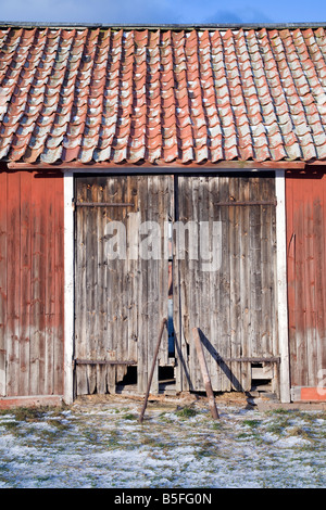 Old weathered barn door la peinture rouge est ocre rouge traditionnel suédois Banque D'Images