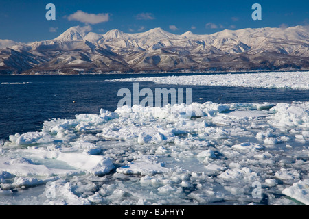 Hokkaido Japon : plaques de glace dans le détroit de Nemuro avec les montagnes couvertes de neige de la Péninsule de Shiretoko dans la distance Banque D'Images