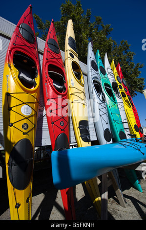 Un groupe de kayaks multicolores alignés à vendre Banque D'Images