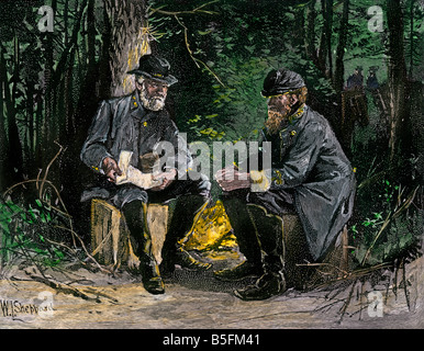 Les généraux confédérés Robert E. Lee et Stonewall Jackson conférant avant la bataille de Chancellorsville 1863. À la main, gravure sur bois Banque D'Images