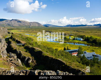 Vue sur Thingvallabaer et parc national de Þingvellir Islande Banque D'Images