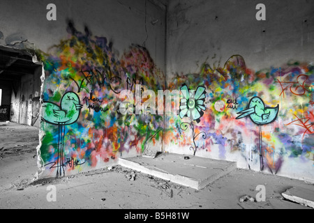 Un morceau de graffitis dans une friche industrielle usine (Allier - France). Le Graffiti dans une usine désaffectée de Cusset (France). Banque D'Images