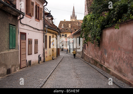 Maisons médiévales en bas une rue pavée, Sibiu, Transylvanie, Roumanie Banque D'Images