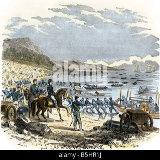 Général Franklin Pierce le débarquement des troupes américaines au Mexique pendant la Guerre du Mexique des années 1840. À la main, gravure sur bois Banque D'Images