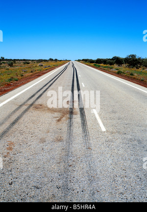 Marques de dérapage des pneus de camion et tache de sang animal on country road, Pilbara, Australie occidentale Banque D'Images