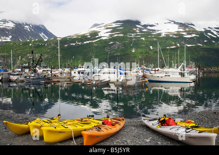 Kayaks pagayeurs attendent dans le port de Whittier, Alaska Banque D'Images