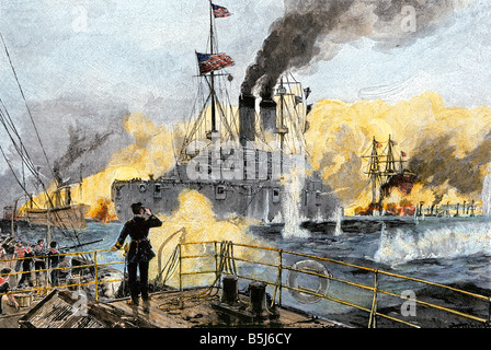 L'amiral George Dewey commandant flotte américaine dans la bataille de la baie de Manille Guerre hispano-américaine 1898. À la main, gravure sur bois Banque D'Images