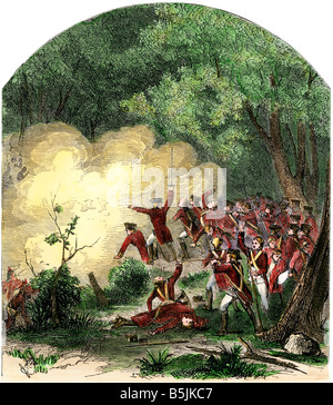 Forces Braddocks embuscade en route vers le Fort Duquesne au cours de la guerre de 1755. À la main, gravure sur bois Banque D'Images