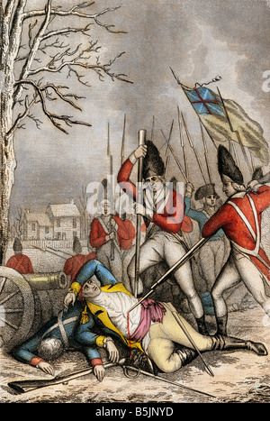 Général Hugh Mercer blessé mortellement à la bataille de Princeton New Jersey 1777. Gravure couleur Banque D'Images