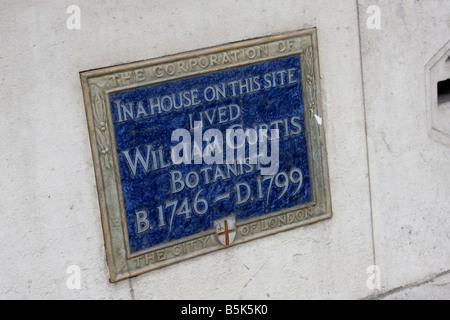 Blue Plaque Ville de London GB Royaume-Uni William Curtis Botaniste 1746-1799 Banque D'Images