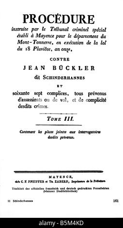 Bueckler, Johann, surnommé Schinderhannes, 1777 - 21.11.1803, hors-la-loi allemande, couverture des dossiers, bibliothèque municipale de Mayence, Banque D'Images