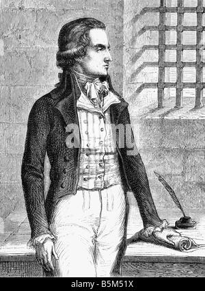 Chenier, Andre, 30.10.1762 - 25.7.1794, auteur/écrivain français, en prison 1793, gravure sur bois après Jean Clays, 19ème siècle, , Banque D'Images