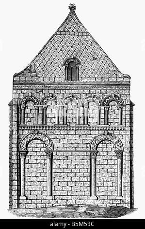 Architecture, églises et monastères, détail, fassade, église à Mouen, construite du 5ème/6ème siècle, gravure en bois, XIXe siècle, France, Normandie, âge moyen, roman, Empire Frankish, historique, beaux-arts, médiéval, Banque D'Images