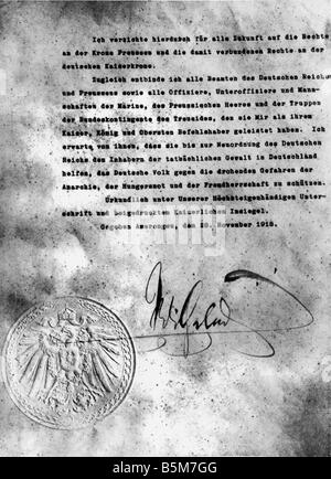 1 W46 T1918 E Guillaume II abdication de l'empereur allemand Guillaume II Proclamation 1888 1918 1859 1941 Abdication de proclamation publiée dans Banque D'Images