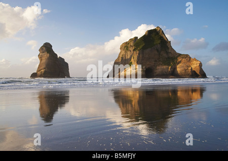 Îles d'Archway reflétée dans les sables humides de Wharariki Beach, près de North West Cape Farewell Nelson Region ile sud Nouvelle Zelande Banque D'Images