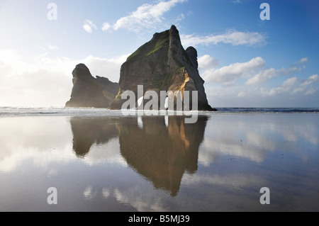 Îles d'Archway reflétée dans les sables humides de Wharariki Beach, près de North West Cape Farewell Nelson Region ile sud Nouvelle Zelande Banque D'Images