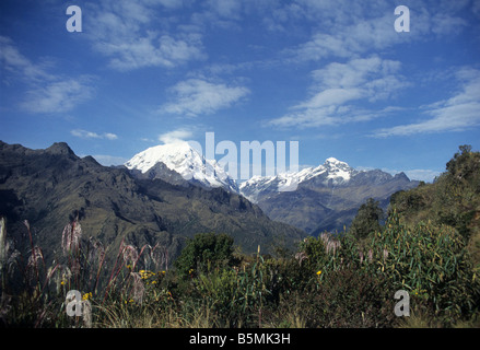 Salcantay Mts Humantay (L) et de la Cordillère Vilcabamba, gamme en vu de Phuyupatamarka, Inca, Pérou Banque D'Images