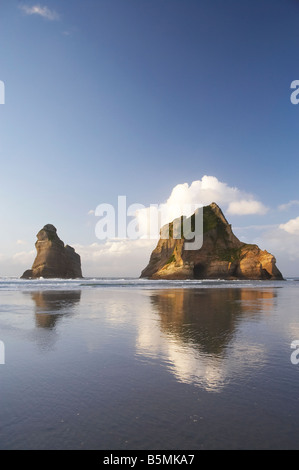 Îles d'Archway reflétée dans les sables humides de Wharariki Beach, près de North West Cape Farewell Nelson Region ile sud Nouvelle Zelande Banque D'Images