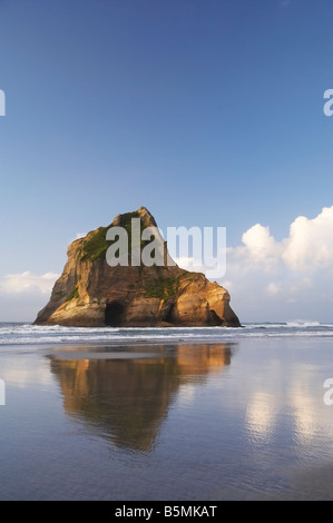 Îles d'Archway reflétée dans les sables humides de Wharariki Beach, près de North West Cape Farewell Nelson Region ile sud Nouvelle Zelande Banque D'Images