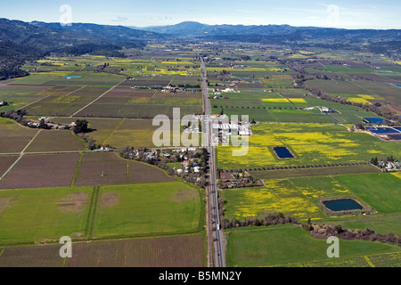 Vue aérienne au-dessus de l'autoroute 29 à Napa Valley en Californie au printemps de fleurs de moutarde dans de nombreux vignobles Banque D'Images