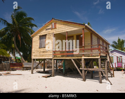 CAYE CAULKER BELIZE maison en bois sur pilotis sur la plage de sable avec des palmiers Banque D'Images